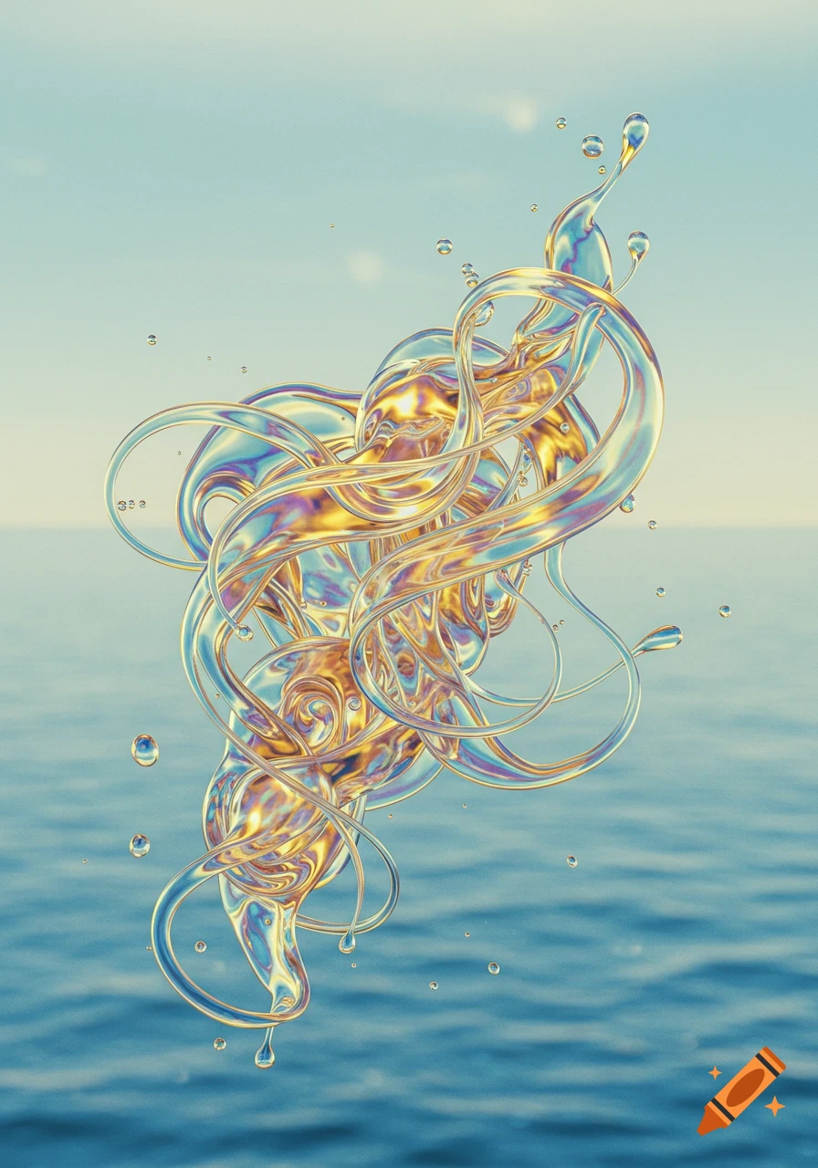 Abstract iridescent liquid splashes and swirls above a calm blue ocean, under a light blue sky.