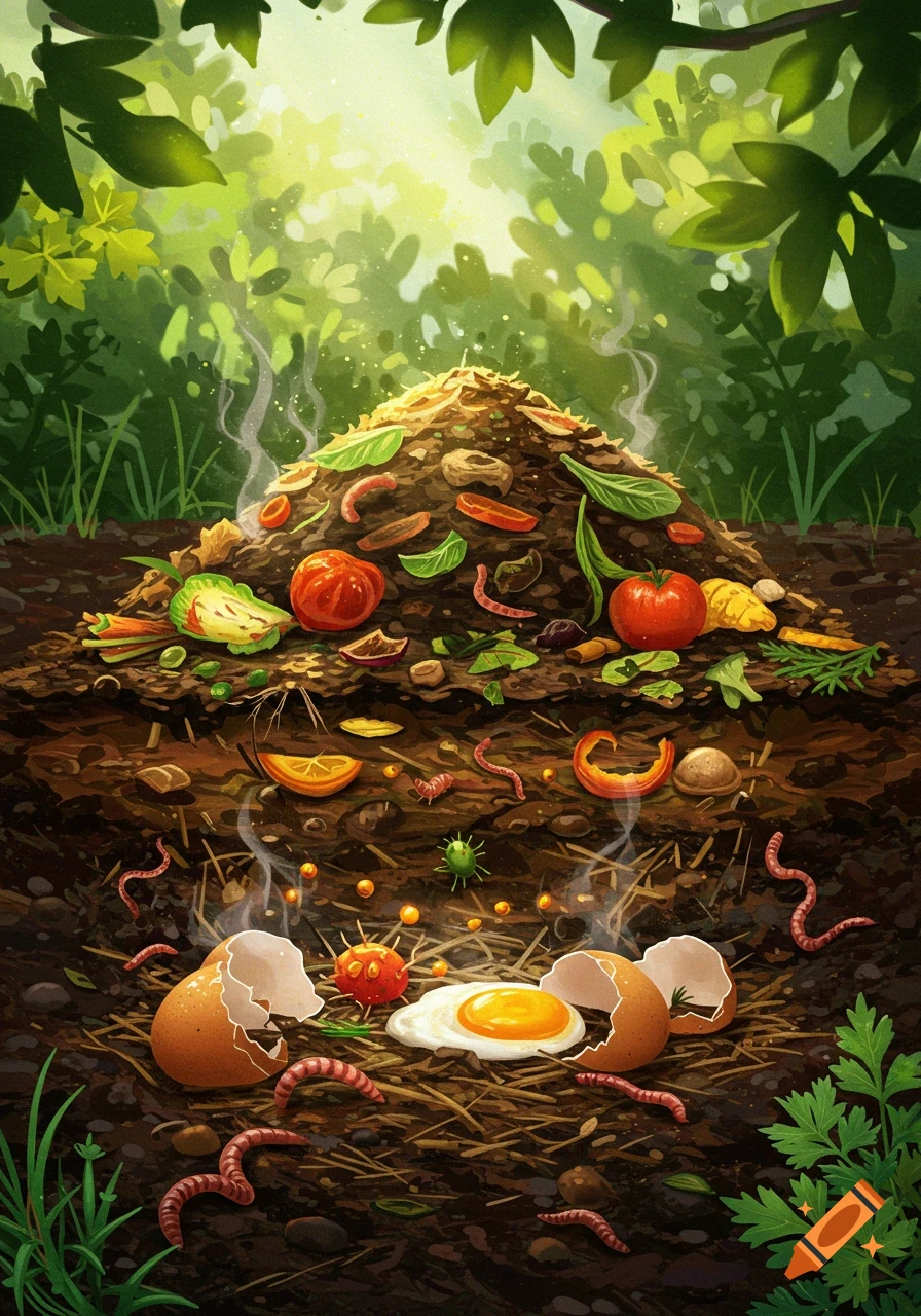 An illustrative cross-section of a vibrant compost pile, teeming with decaying food scraps, worms, and microbial life amidst lush greenery.