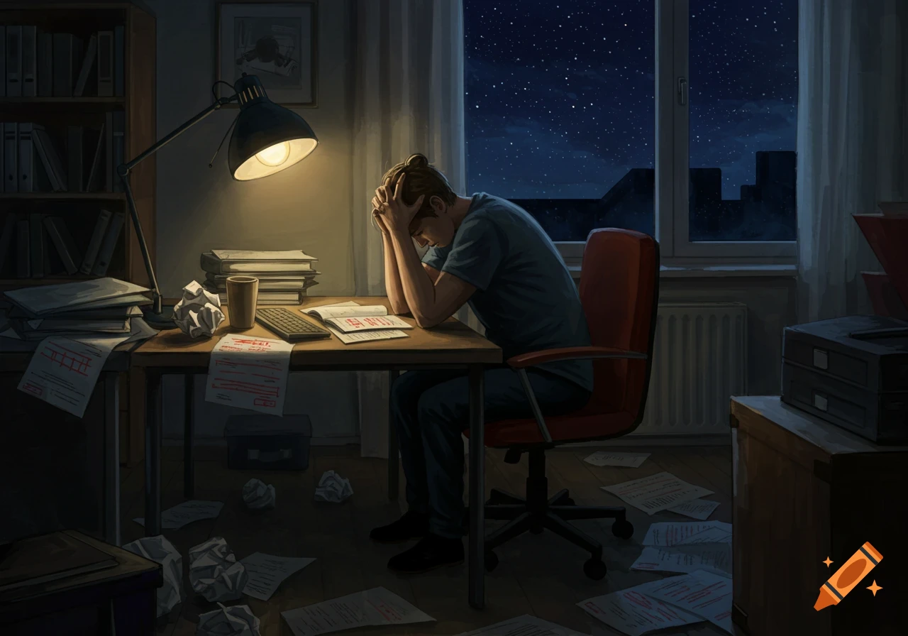 An illustrative image of a stressed person sitting at a desk full of papers under a lamp at night, head in hands.