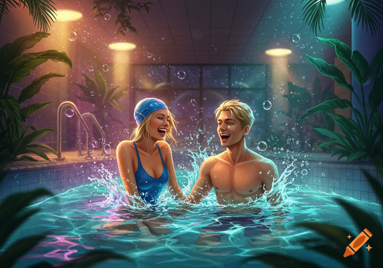 A laughing blonde man and woman splash in a colorful, illuminated indoor swimming pool, an illustrated digital artwork.