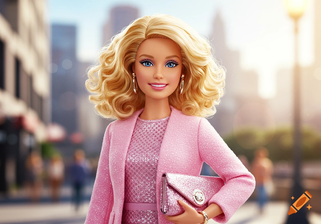 A smiling blonde Barbie doll with blue eyes wears a pink sequined dress and tweed jacket, holding a sparkly clutch in a sunlit city.