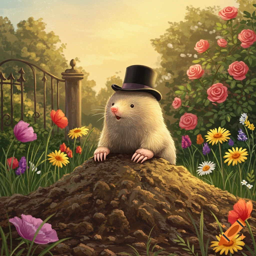 A cute mole in a top hat peeks from a molehill in a vibrant, flower-filled garden at sunset.