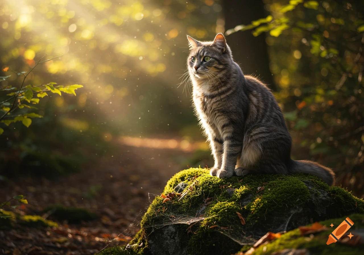 A photorealistic tabby cat with green eyes sits on a mossy rock in a sun-dappled forest path.