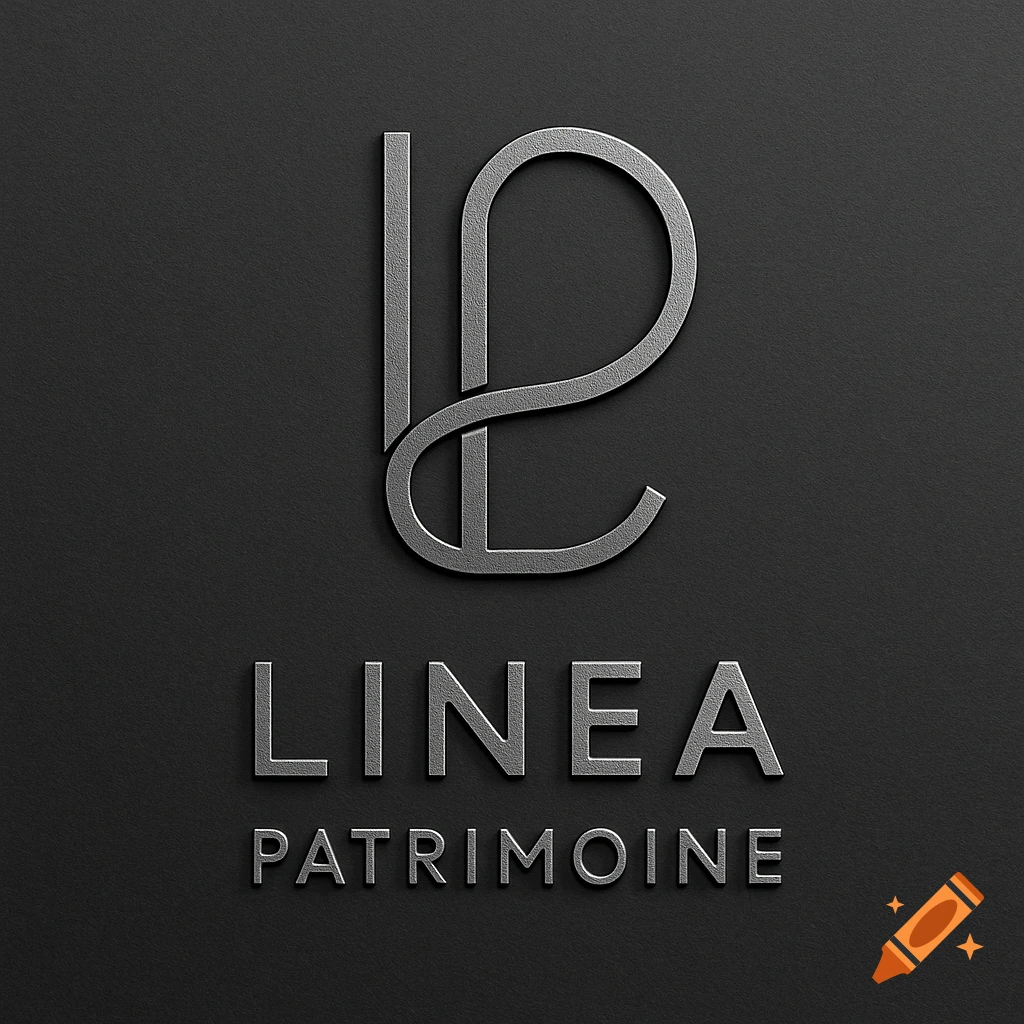Silver minimalist LP monogram logo with 'LINEA Patrimoine' text on a dark gray textured background.