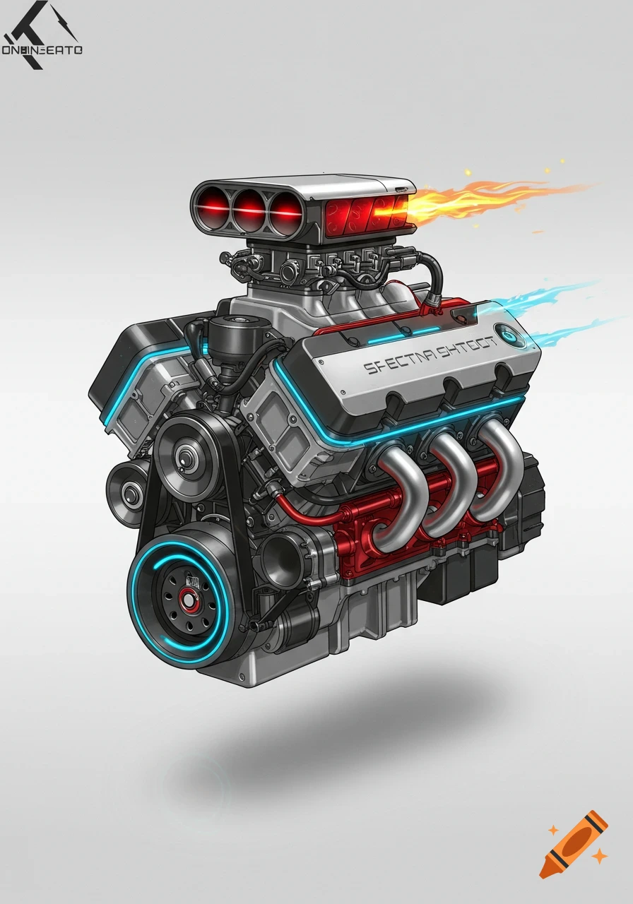 Detailed digital illustration of a futuristic V8 engine with blue neon accents and fiery exhaust, set against a white background.