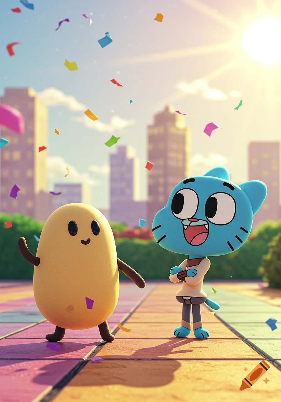 Pou and Gumball stand on a colorful plaza with confetti falling, a city skyline in the background under a sunny sky.