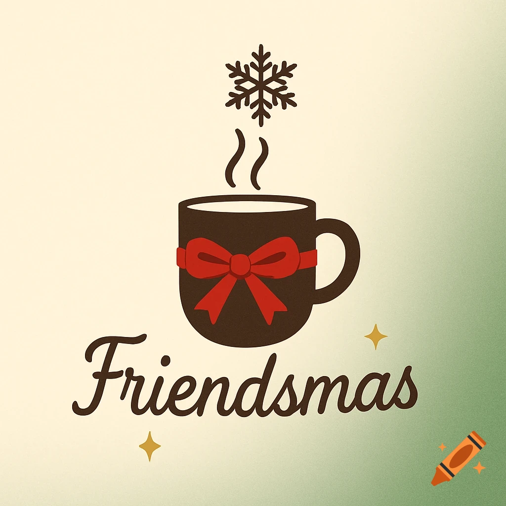 A dark brown mug with a red bow and steam, topped by a snowflake, and 'Friendsmas' text below, in a simple festive illustration.