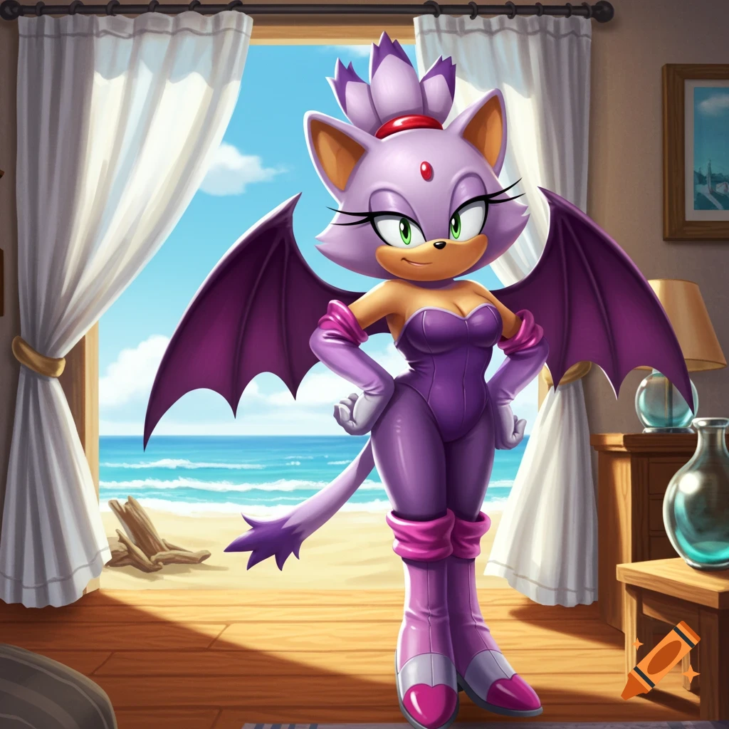 Blaze the Cat in a purple Rouge the Bat costume stands in a bright beach house overlooking the ocean.