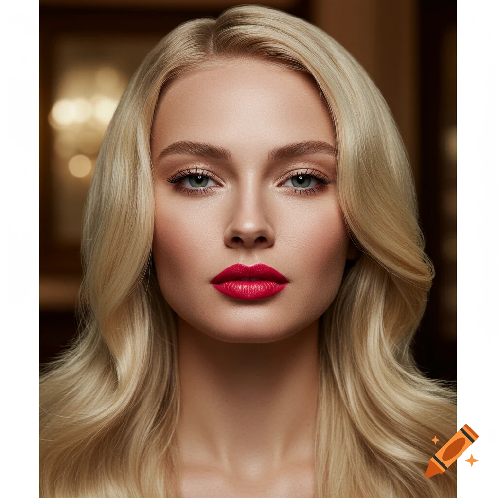 Close-up portrait of a beautiful blonde woman with bright red lipstick and long wavy hair.