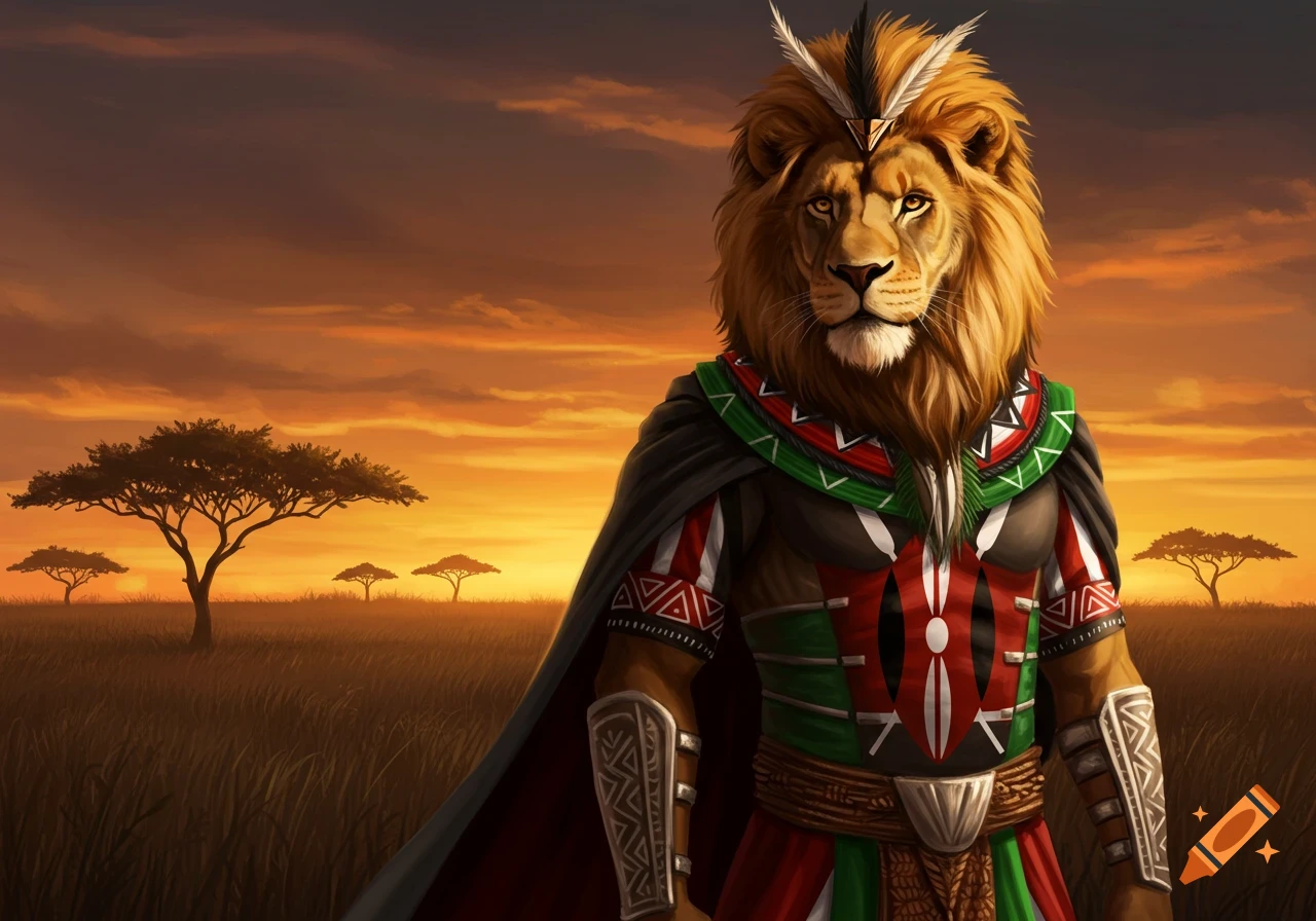 An anthropomorphic lion wearing Kenyan flag-colored armor and cape stands in a savanna at sunset, digital painting.