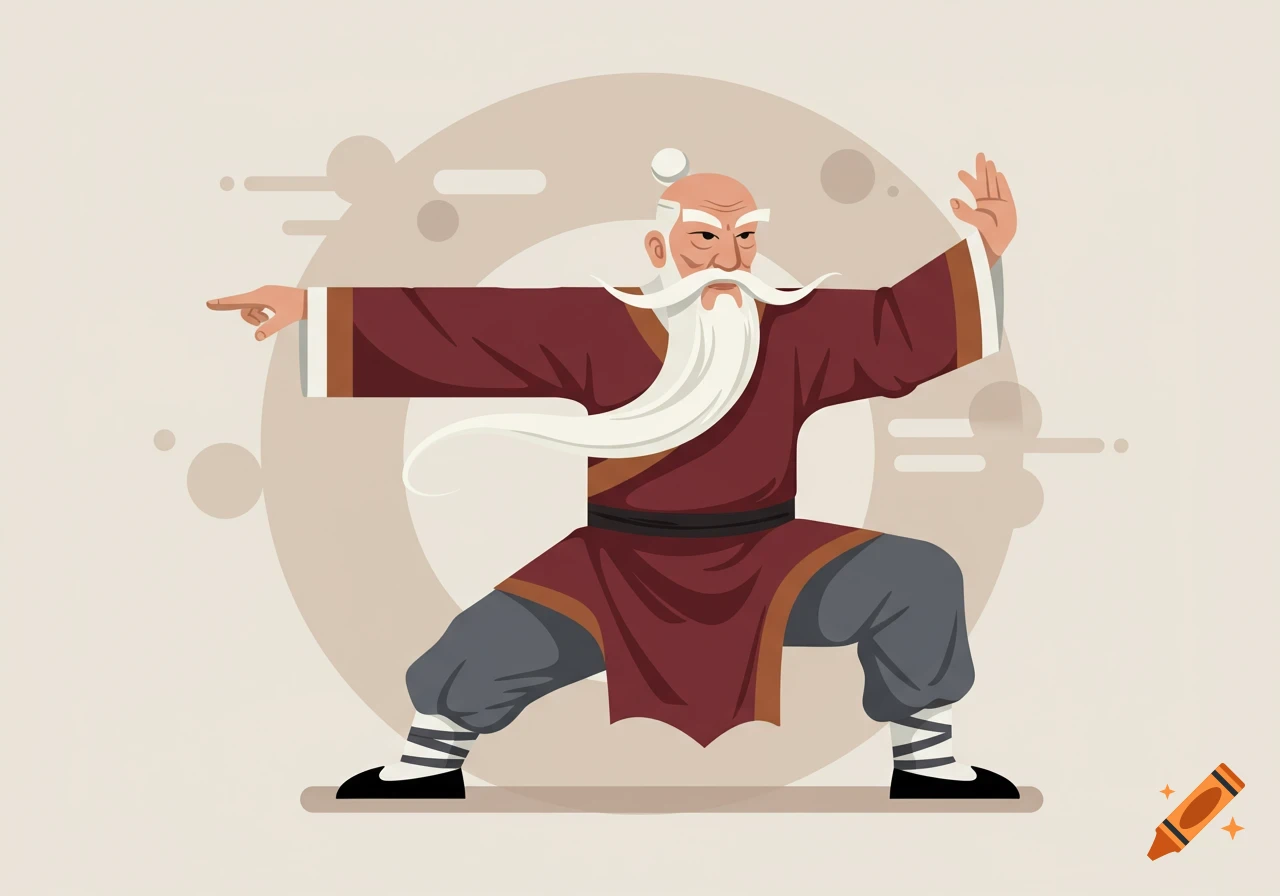 An old kung fu master with a long white beard and top knot performs a martial arts pose in a stylized illustration.
