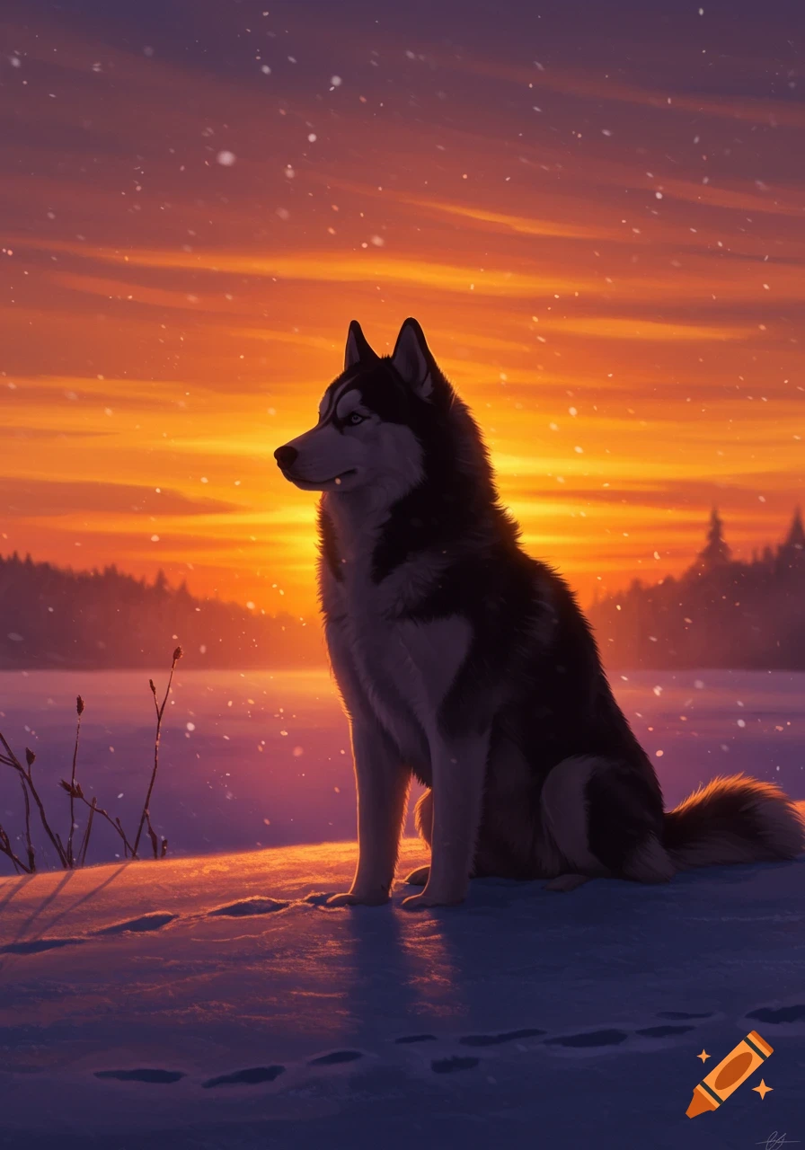 An illustrated Siberian husky sits in a snowy field with falling snow, silhouetted against a vibrant orange and purple sunset sky.