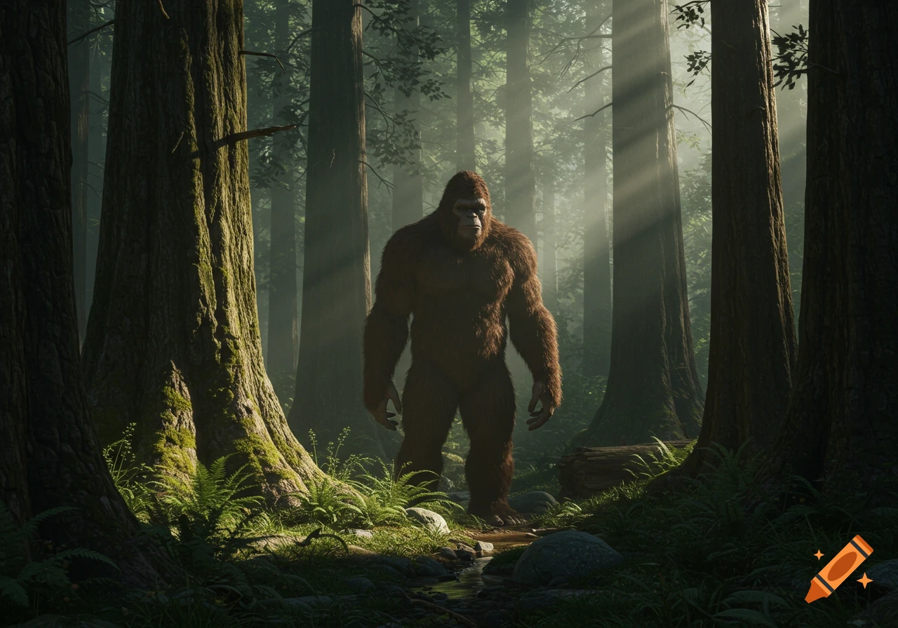 A large, brown, furry Bigfoot creature stands in a lush, sun-dappled forest with tall trees and ferns.