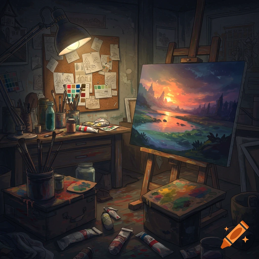 An artist's studio at night, with a desk full of paints and brushes, and a vibrant landscape painting on an easel illuminated by a desk lamp.