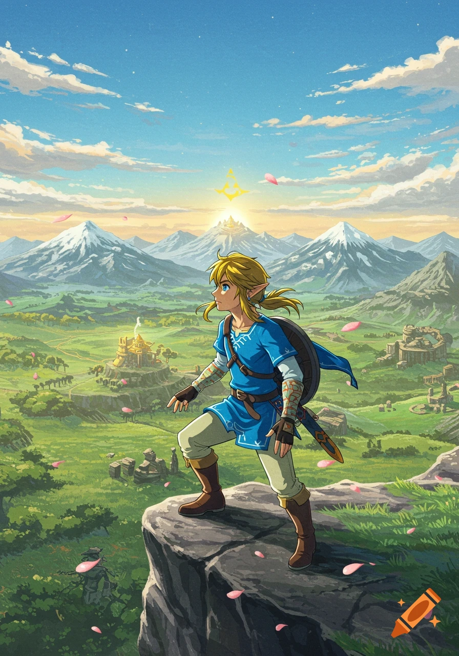 Link stands on a cliff overlooking a fantasy landscape with mountains and a castle in anime style.