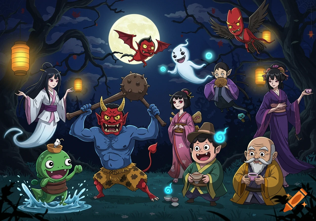 A cartoonish Halloween scene featuring various Japanese yokai like an Oni, a Kappa, a Tengu, ghosts, and human-like figures under a full moon with glowing lanterns and twisted trees.