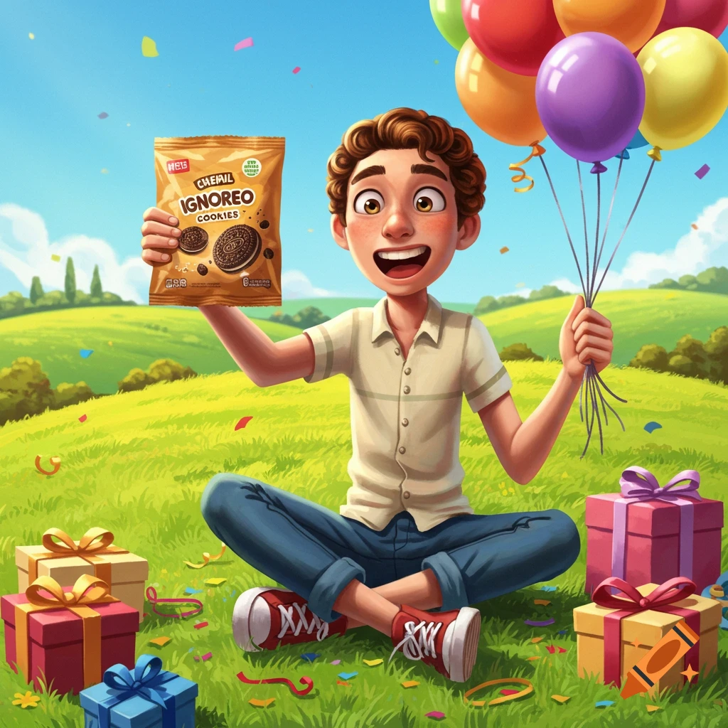A cartoon boy sits in a grassy field with gifts and balloons, holding a bag of "Ignoreo Cookies".
