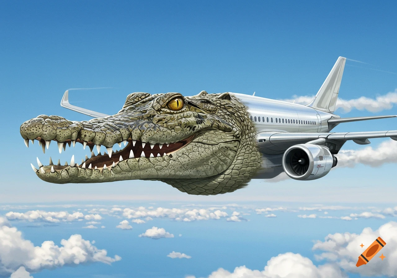 An airplane with a crocodile's head, showing its open mouth and sharp teeth, flies through a blue sky with white clouds.