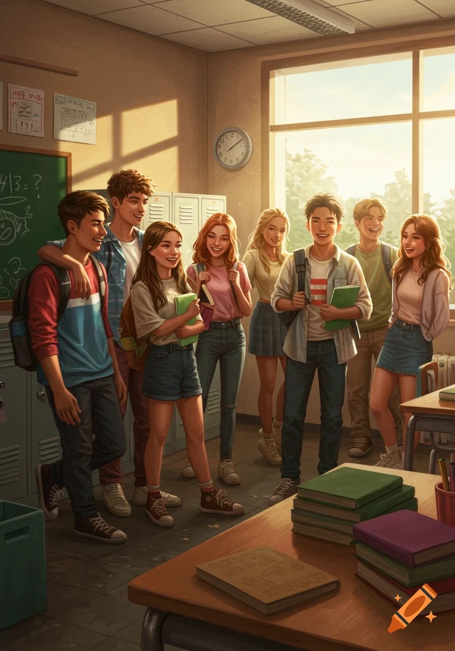 A group of diverse, smiling teenage students stands together in a sunlit classroom, backpacks on, holding books. The scene is warmly lit with natural light.