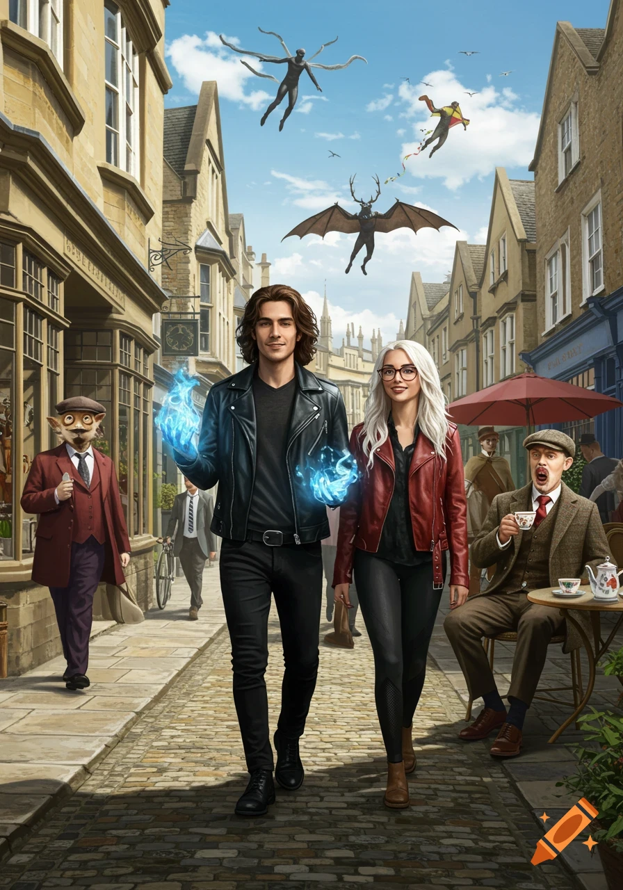A young man with blue fire on his hands and a woman walk on a cobblestone street, surrounded by people with superpowers in a detailed urban fantasy scene.