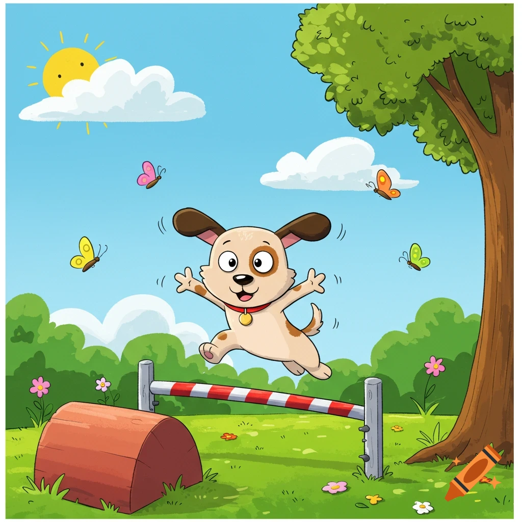 A happy cartoon dog jumps over a red and white striped obstacle in a grassy outdoor park under a sunny sky, with butterflies.