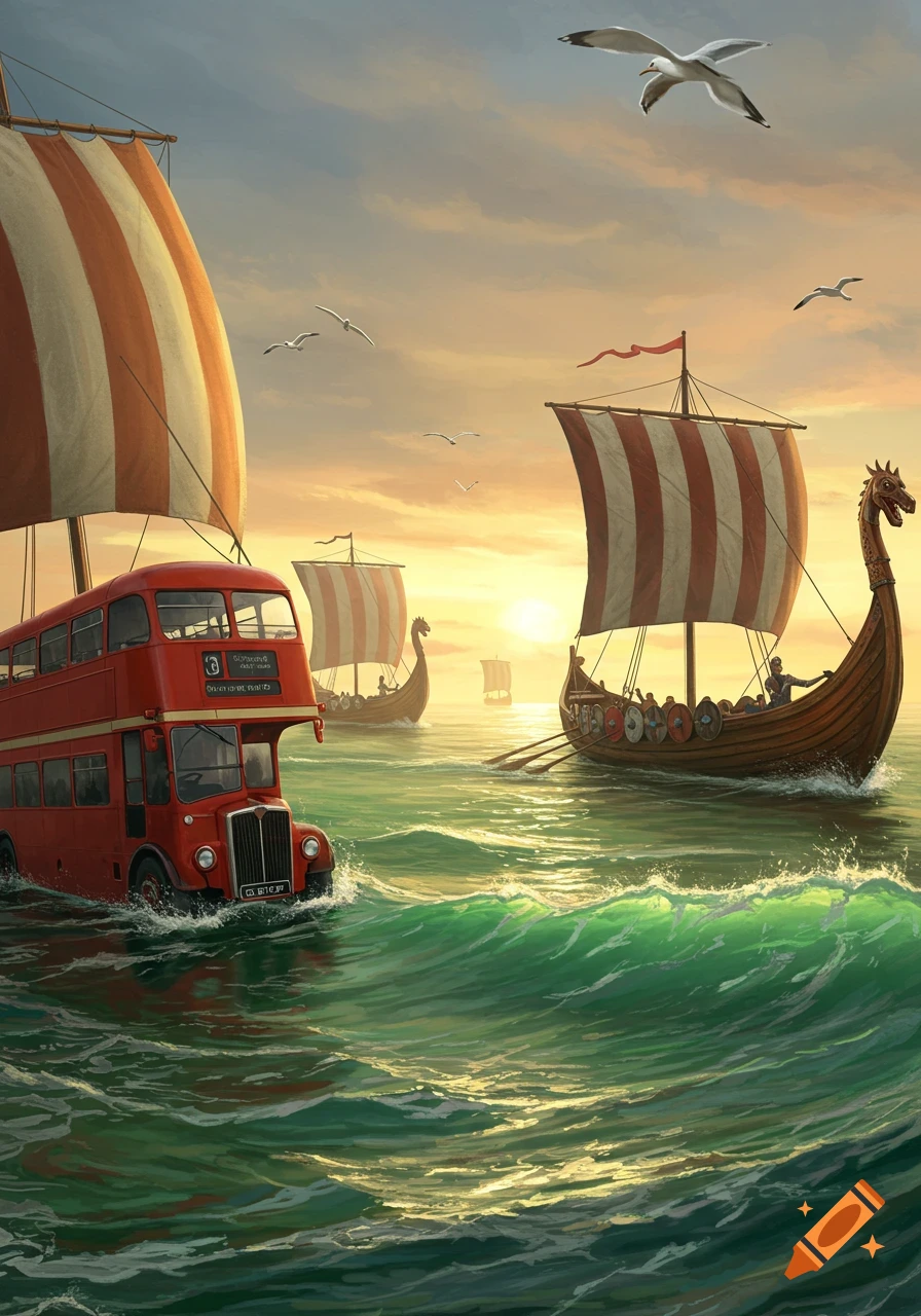 A red double-decker bus with sails navigates a choppy green sea alongside Viking longships at sunset, with seagulls flying above.