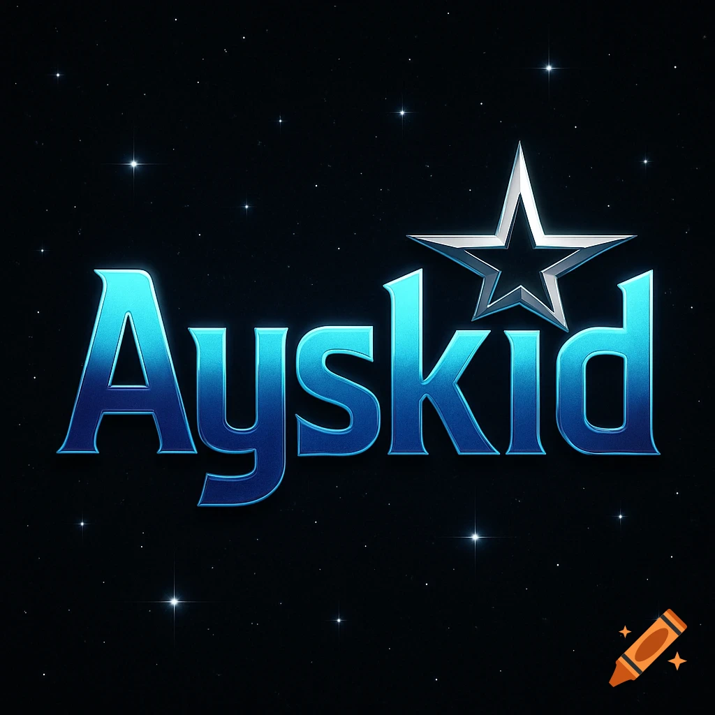 A blue gradient 'Ayskid' logo with a silver metallic star on a dark starry space background.