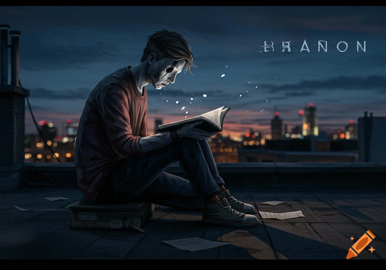 A stylized illustration of a person with a mask-like face reading a glowing book on a city rooftop at dusk.