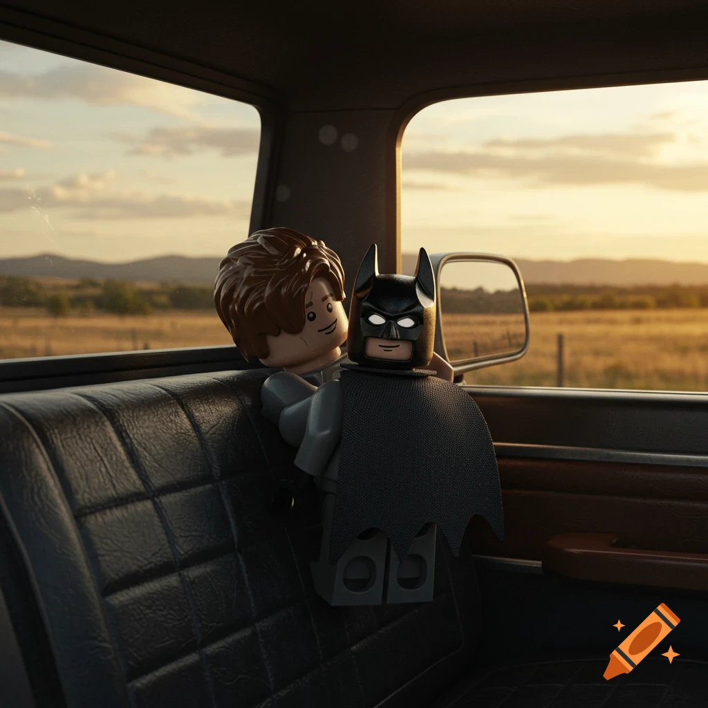 Lego Batman snuggles with another Lego figure in the back of a realistic truck at sunset, with a field in the background.