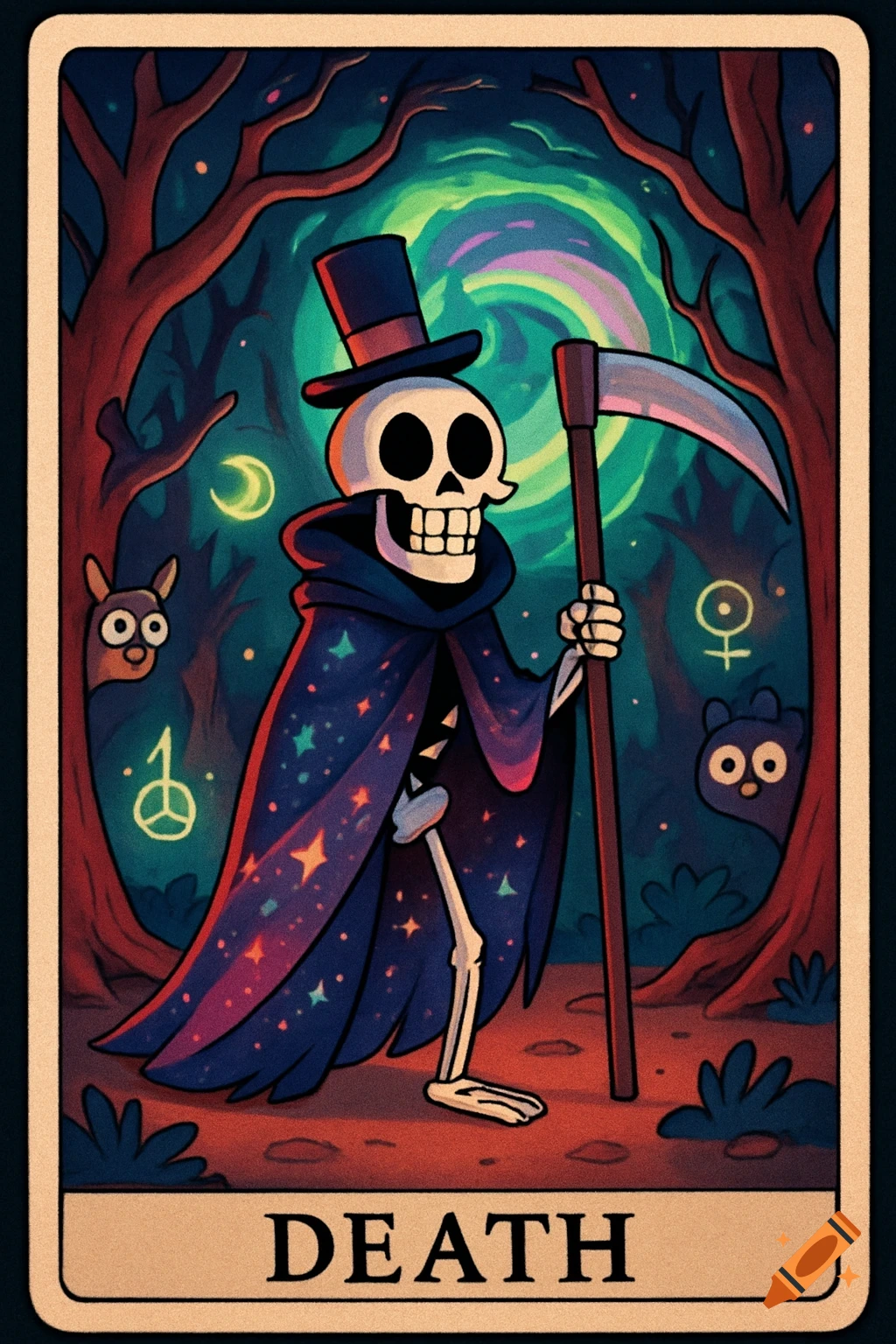 A cartoon skeleton in a top hat and starry cloak holds a scythe, standing in a whimsical forest on a tarot card labeled "DEATH".