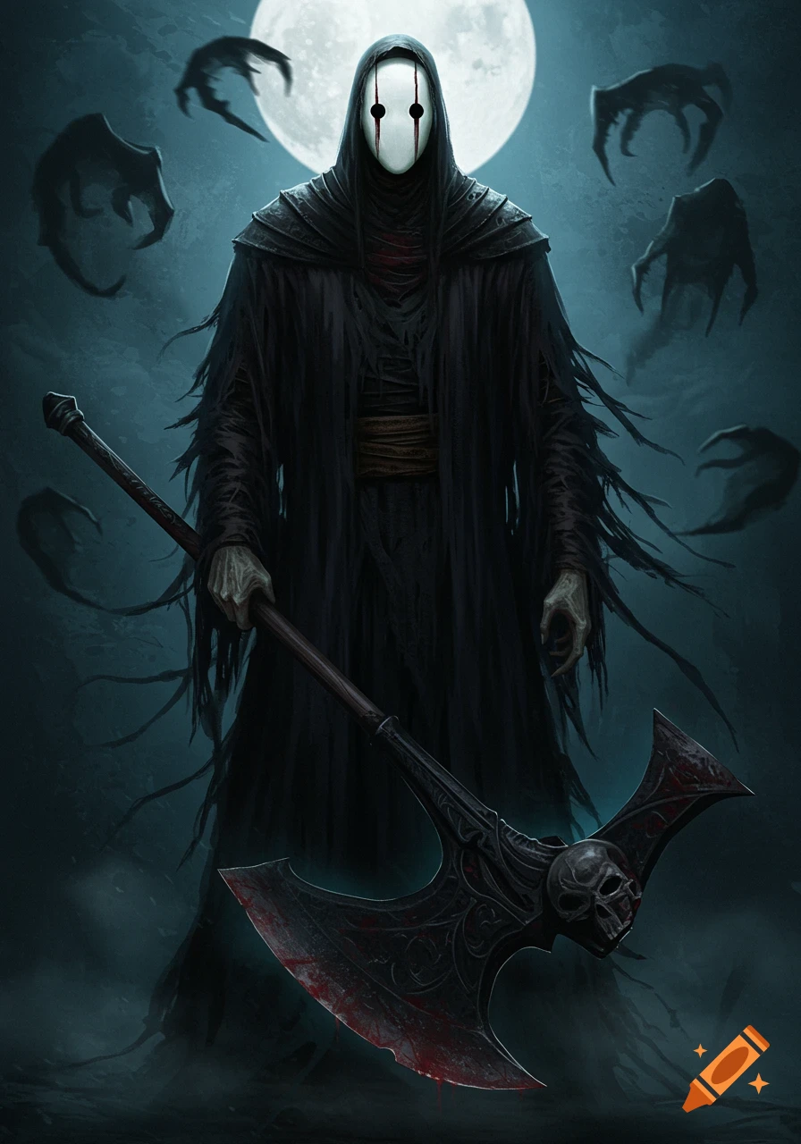 A masked, robed figure with a bloody axe stands under a full moon, surrounded by shadowy creatures in a dark fantasy style.