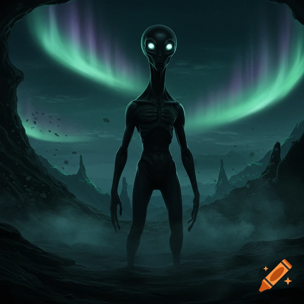 A black, gaunt alien with glowing white eyes stands in a dark, misty alien landscape under a green and purple aurora.