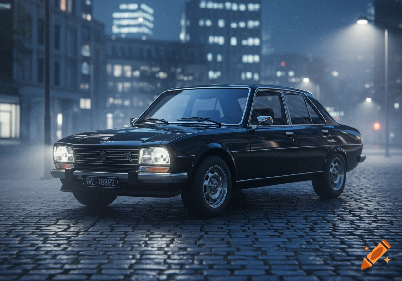 A black Peugeot 504 sedan on a wet cobblestone street at night in a city, with glowing buildings and streetlights.