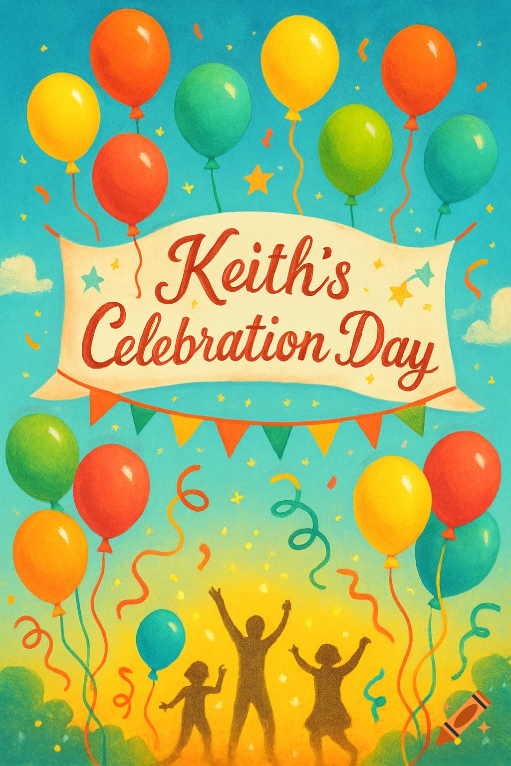 A colorful illustration shows balloons, confetti, and silhouettes of people celebrating below a banner reading 'Keith's Celebration Day'.
