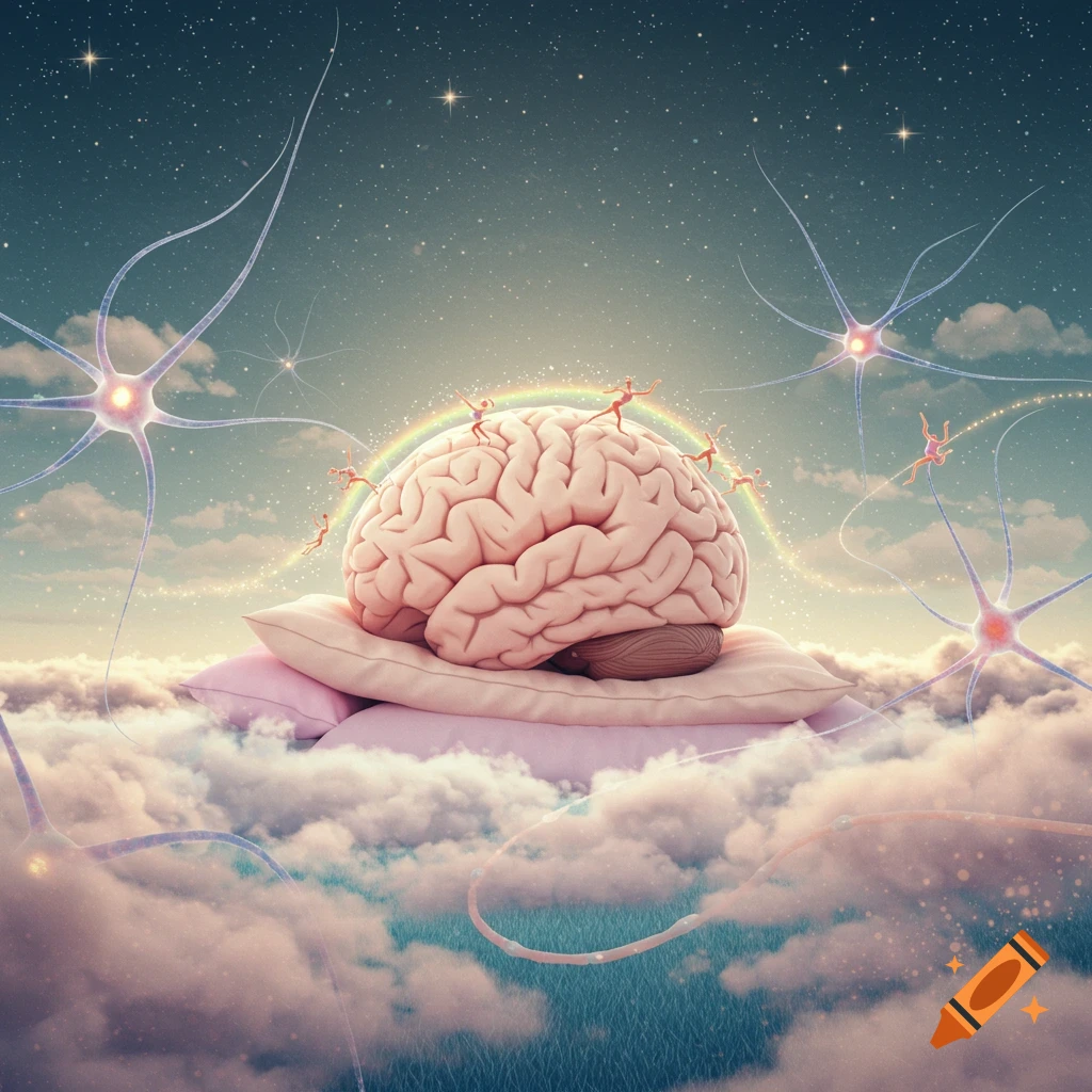 A surreal brain on pillows floats in starry clouds, with tiny figures dancing on a rainbow above it and neurons flowing through the sky.