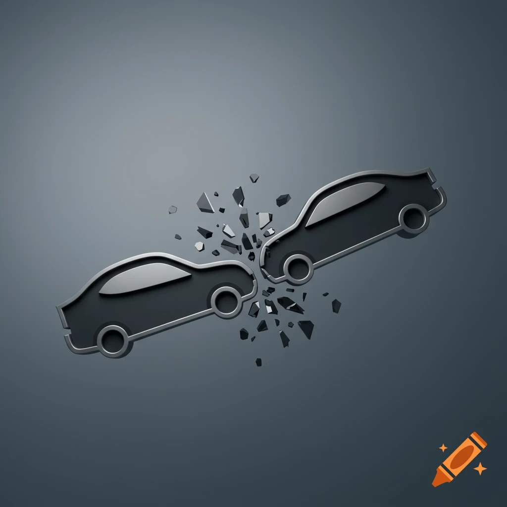 Two dark gray minimalist 3D car icons colliding, with shattered debris flying between them.