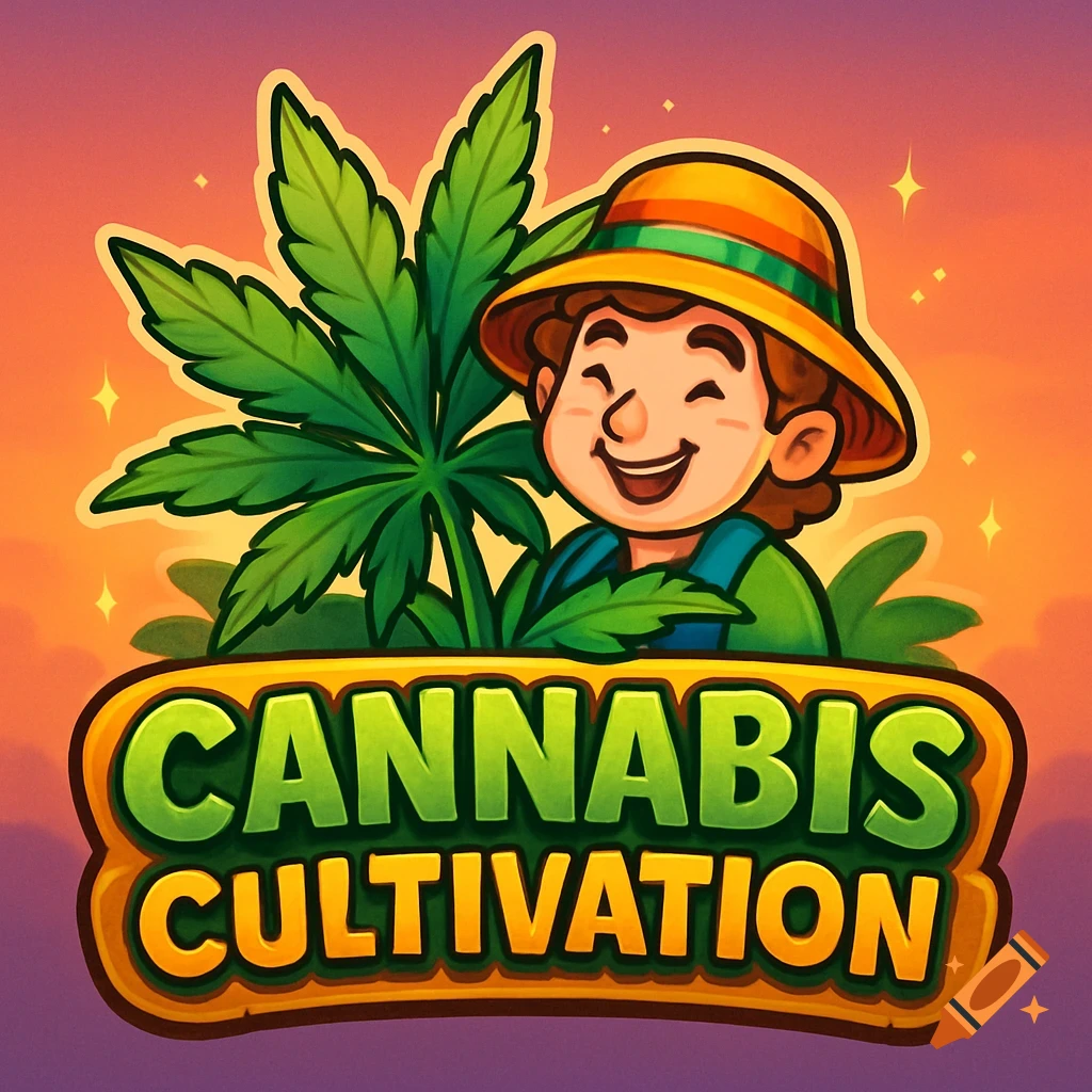 Cartoon game logo of a smiling farmer behind a large cannabis leaf with 'CANNABIS CULTIVATION' text.