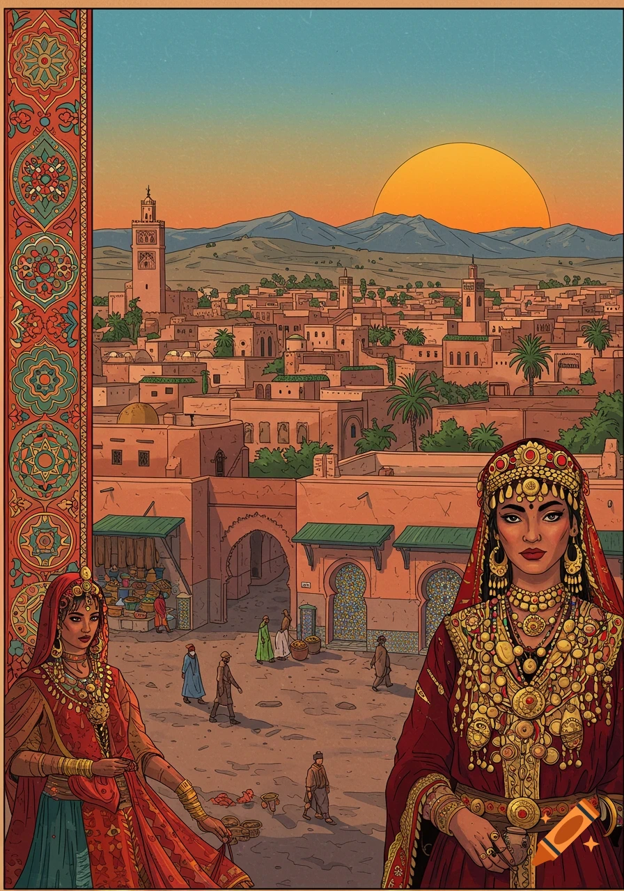 Stylized illustration of an ancient Moroccan city at sunset, with two women in traditional dress and intricate patterns.