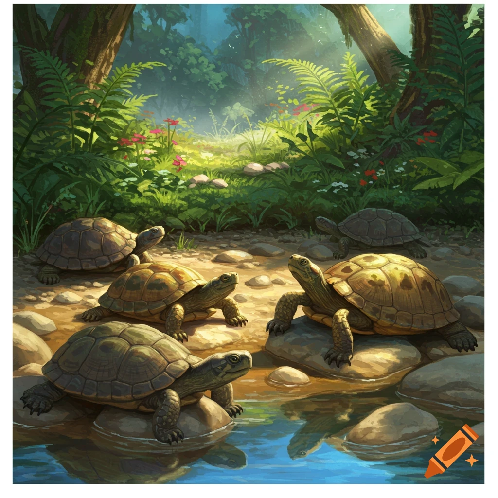 Several turtles rest on rocks and by a stream in a lush, sunlit forest, art style.