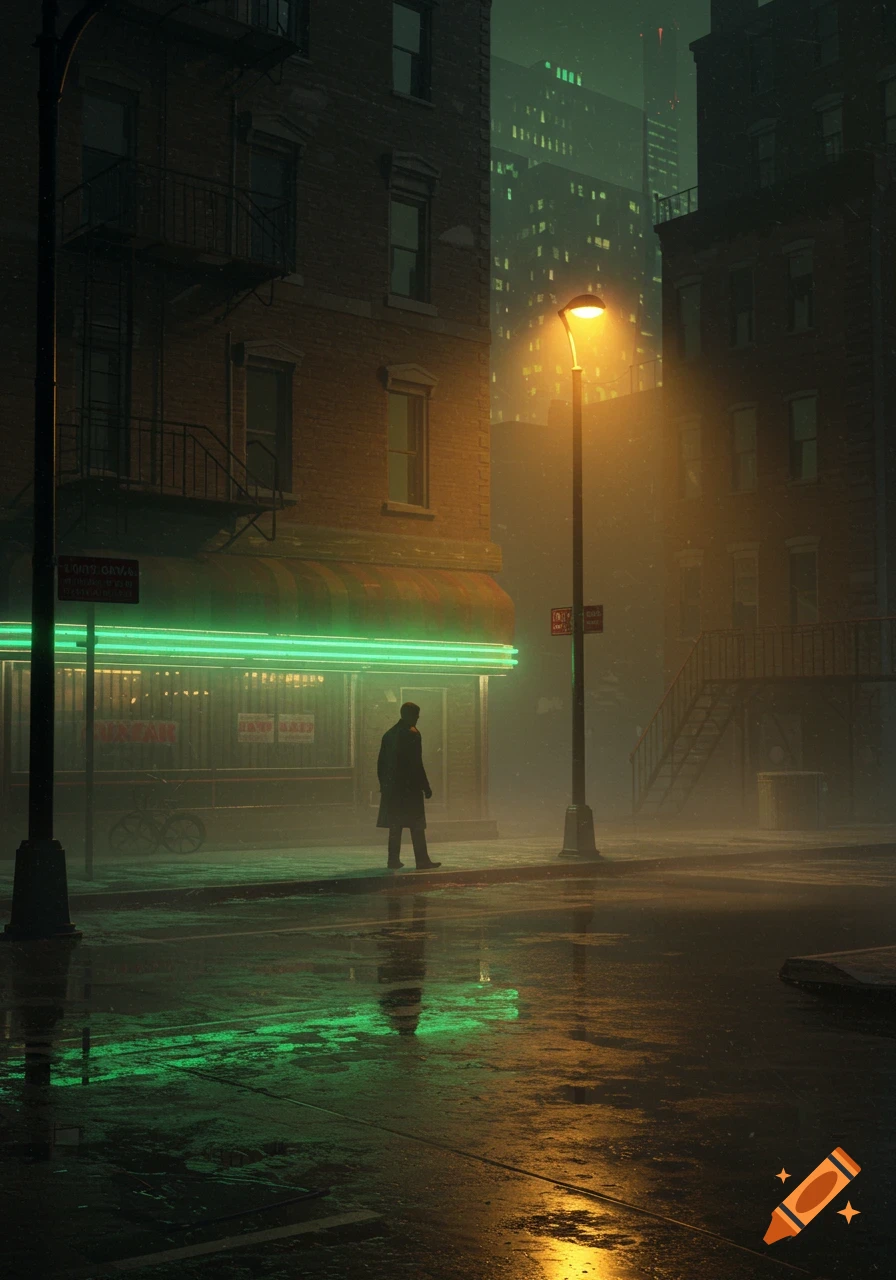 A man walks down a rainy city street at night, illuminated by a street lamp and green neon lights reflecting on the wet pavement.