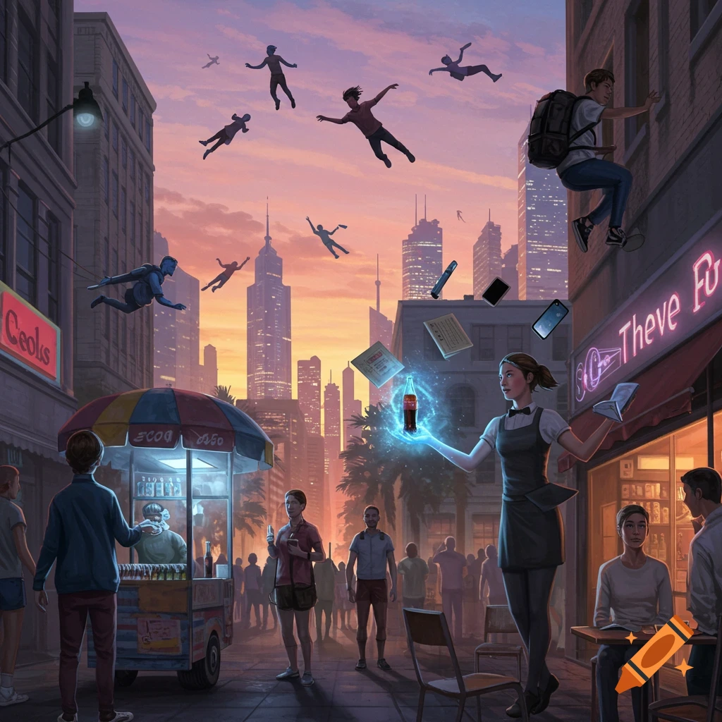 A bustling city street at sunset where people use superpowers for daily life. Some fly in the sky, a street vendor uses ice powers, and a waitress uses telekinesis.