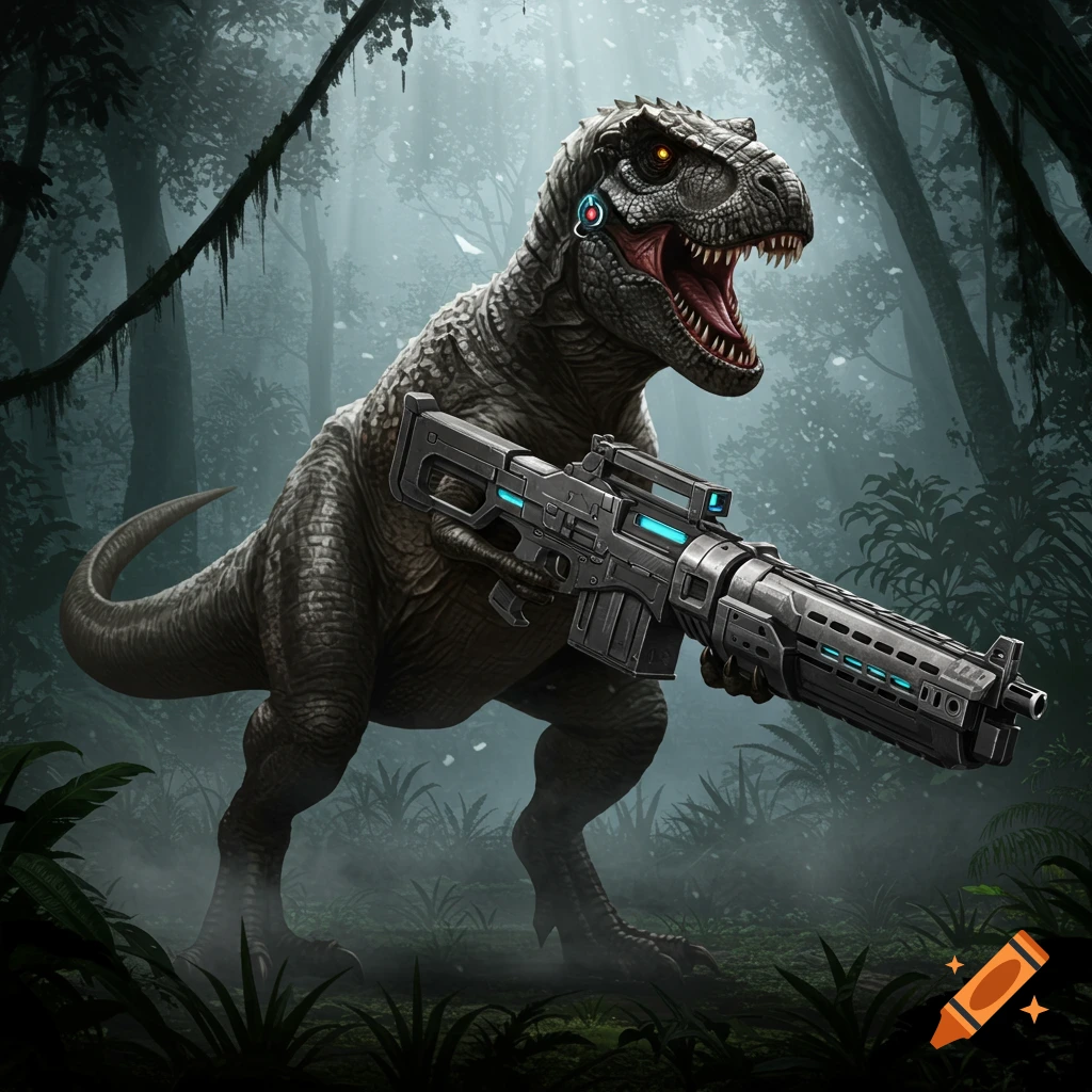 A T-Rex with glowing eyes and an ear device holds a futuristic gun in a dark, misty jungle, digital art.