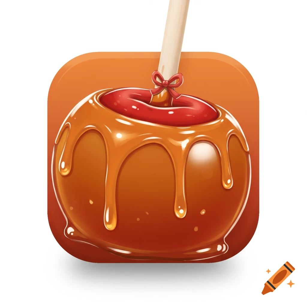 A glossy, skeuomorphic kawaii caramel apple on a stick, styled as an iOS app icon against an orange background.