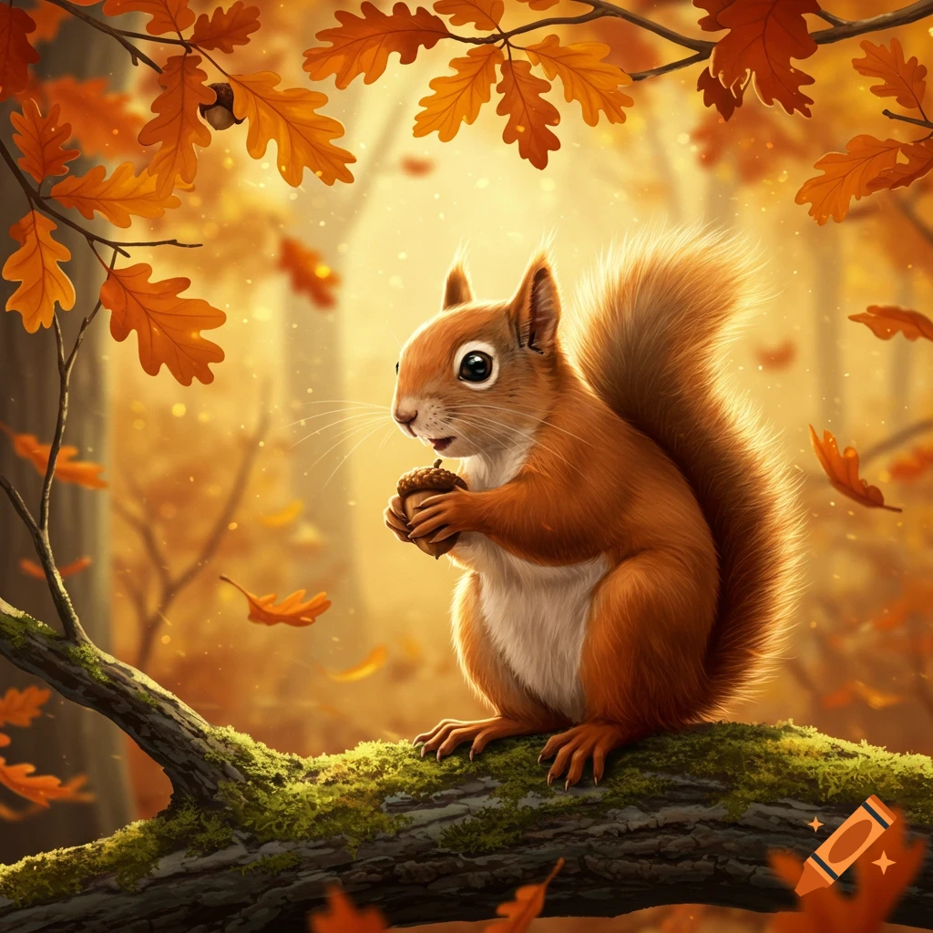 A cute squirrel holds an acorn on a mossy branch in a bright, warm autumn forest with falling orange leaves.