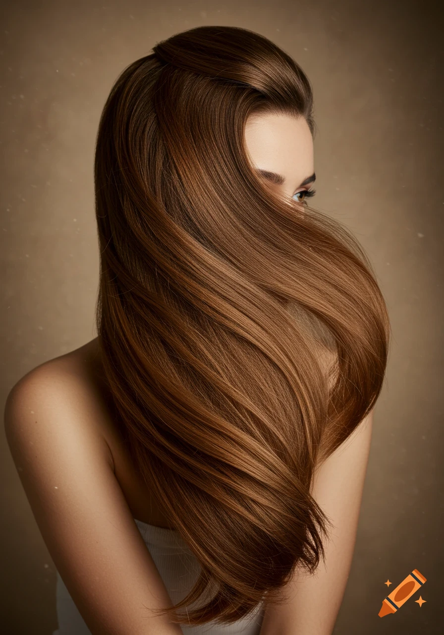 Close-up photorealistic portrait of a woman with luxurious, flowing brown hair covering most of her face and shoulder.