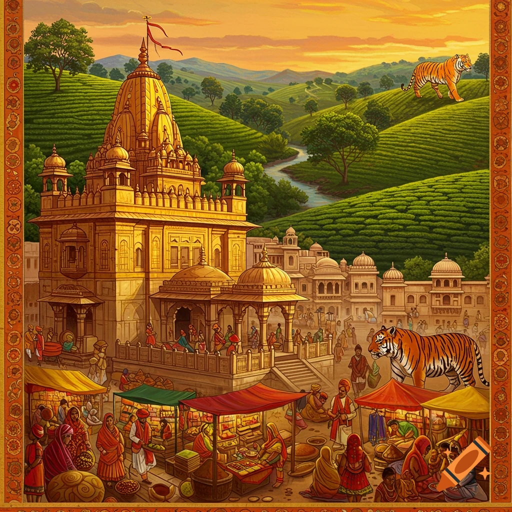 A vibrant illustration of an Indian temple and bustling market scene, with people, stalls, and tigers in a lush, green landscape under a warm sky.