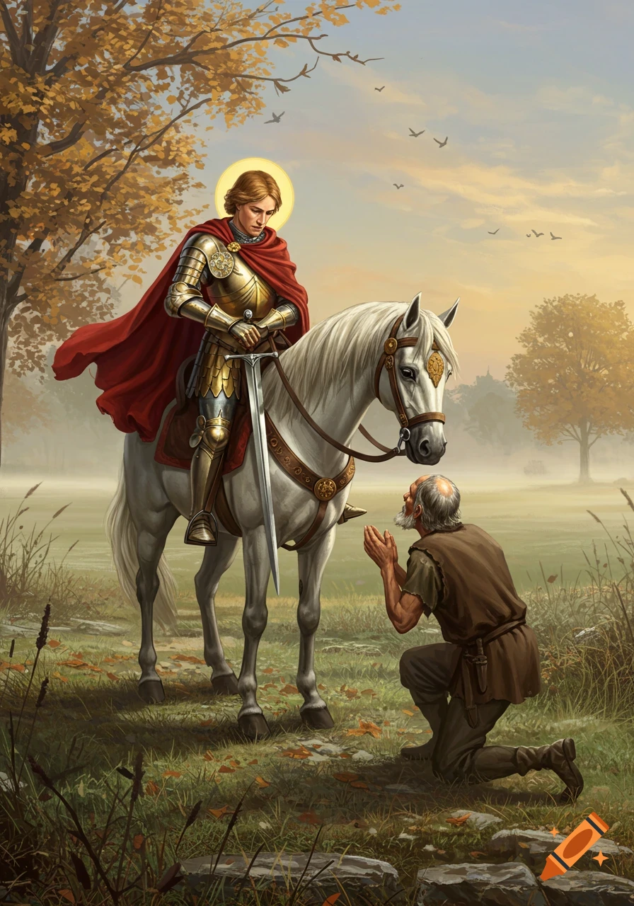 A knight in gold armor and red cape on a white horse looks at a kneeling, praying beggar in a misty autumn field, detailed painting.