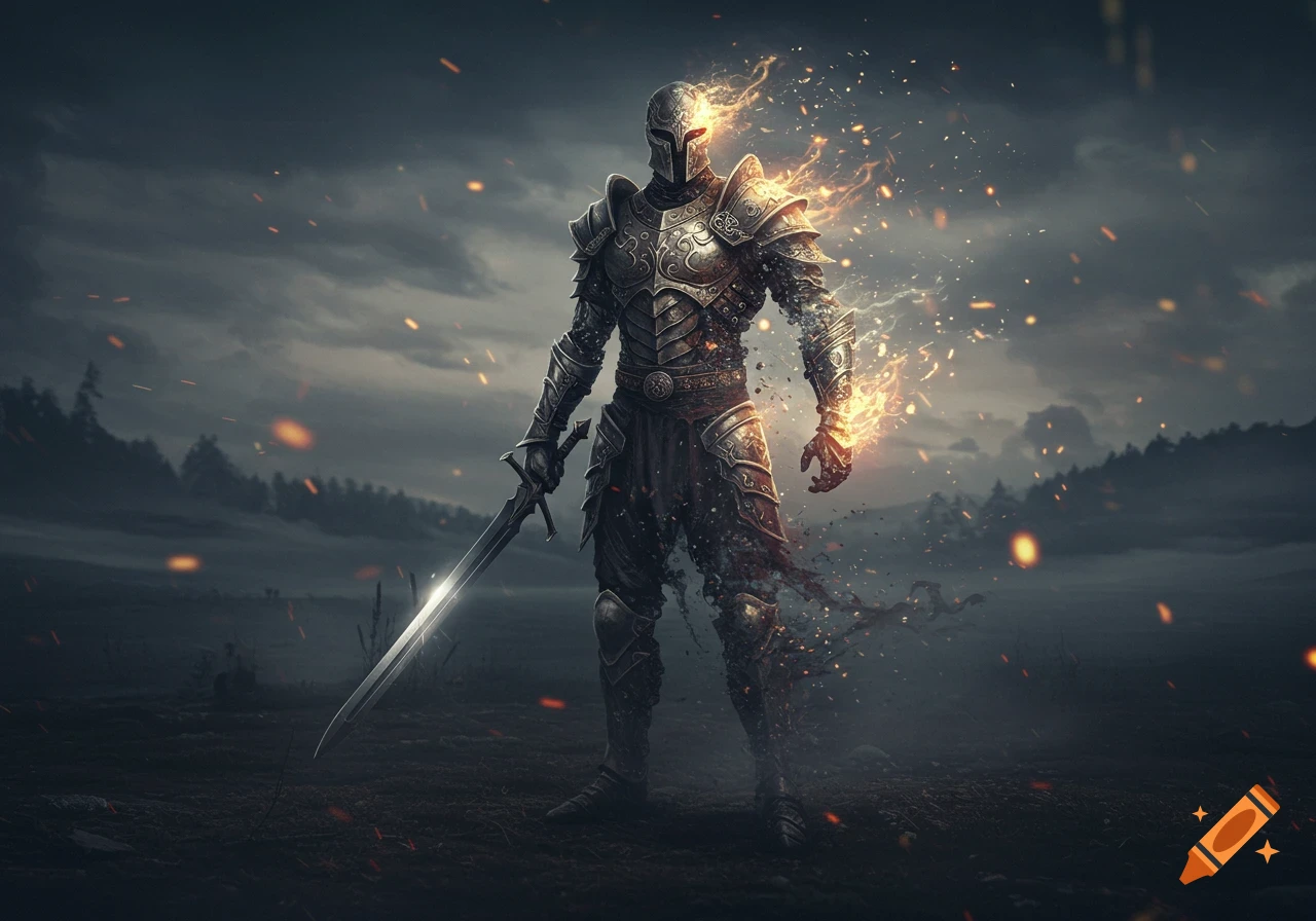 A mystical warrior in ornate armor partially dissolves into light and mist, holding a glowing sword in a dark, dreamlike landscape.