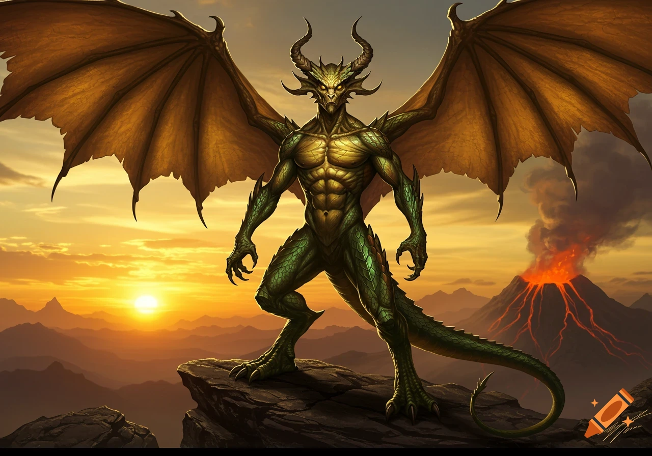 A green dragon-humanoid creature with large wings stands on a rock at sunset with an erupting volcano in the background.
