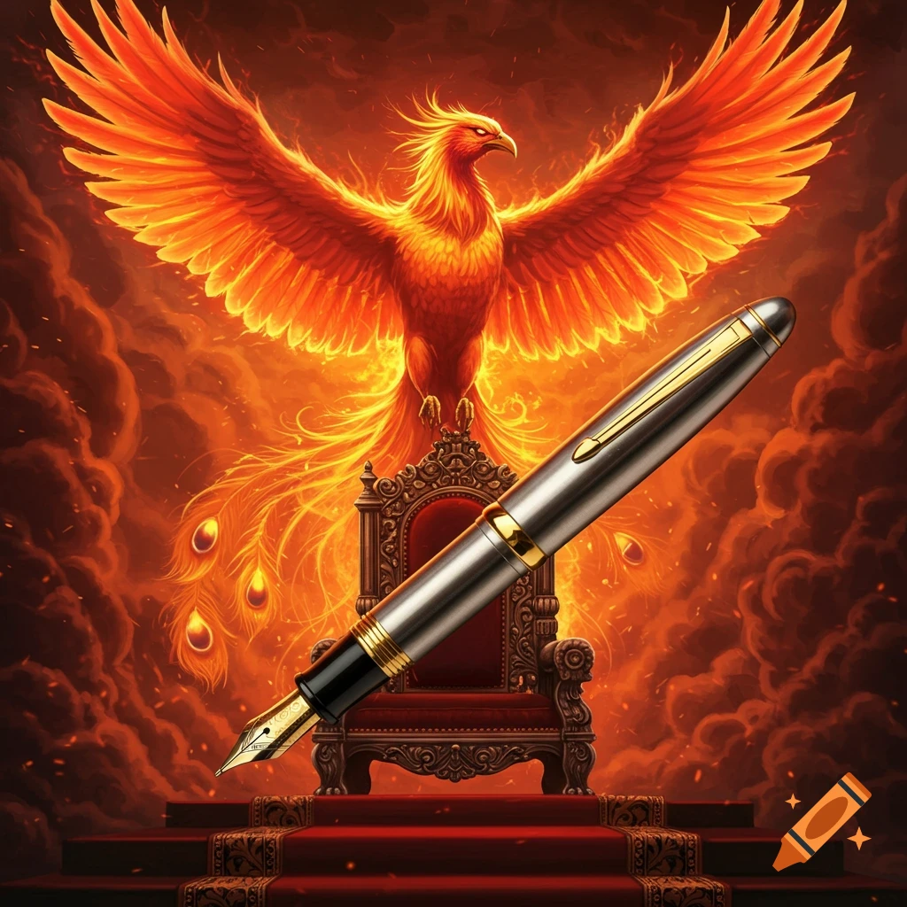 A fiery phoenix with outstretched wings on a throne, with a large metallic fountain pen floating diagonally in the foreground.